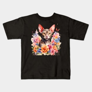 A cornish rex cat decorated with beautiful watercolor flowers Kids T-Shirt